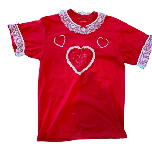 Vintage 80s I Love You Heart Tee Lace Puffy Paint - Picture 1 of 6